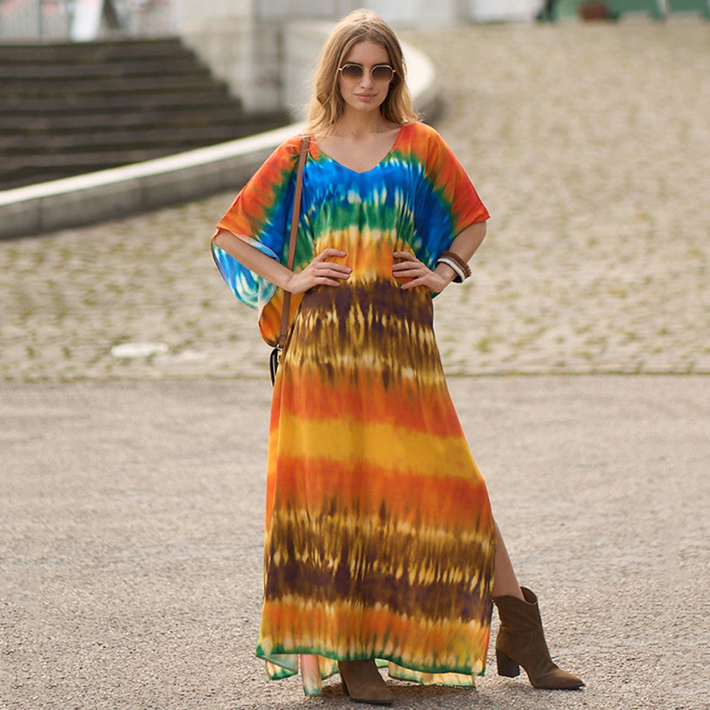 Inara | Boho Beach Kaftan Dress with Batwing Sleeves & Tie-Dye Design