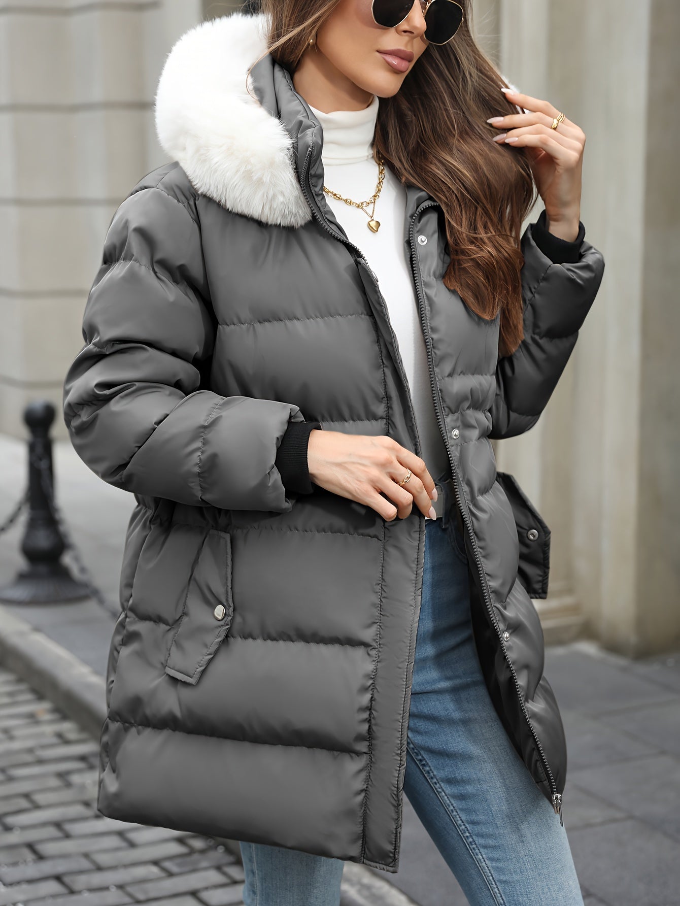 Trudy | Women’s Padded Down Jacket with Fur Hood – Warm Zipped Winter Coat