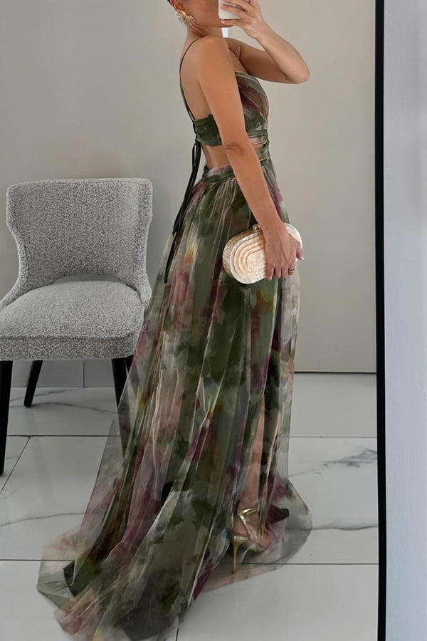 Layla | Women’s Deep V-Neck Back Tie Open Waist Multicolour Gradient Tulle A-Line Formal Maxi Dress