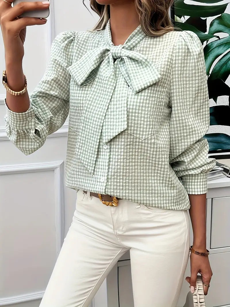 Xelina | Two‑Tone Check Bow‑Tie Blouse – Bishop‑Sleeve Chic