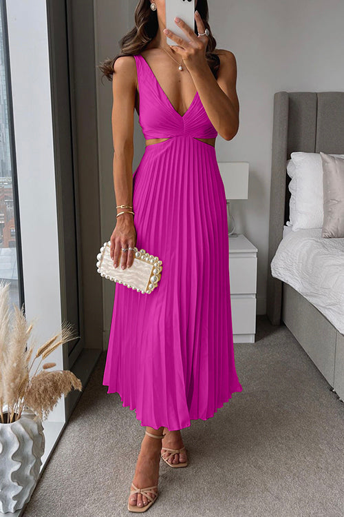 Jemima | Women's Solid Colour Deep V-Neck Pleated Midi Dress – Elegant & Stylish Formal Dress