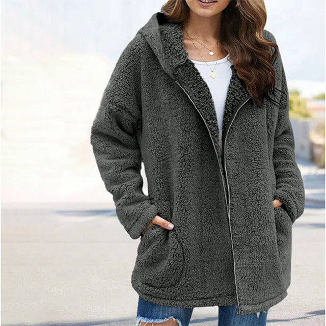 Anya | Women's Solid Colour Loose Fit Hooded Teddy Jacket