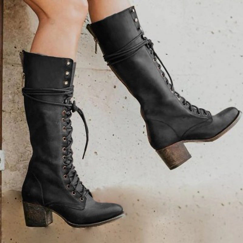 Lois | Women’s Black Knee-High Lace-Up Boots with Chunky Heel