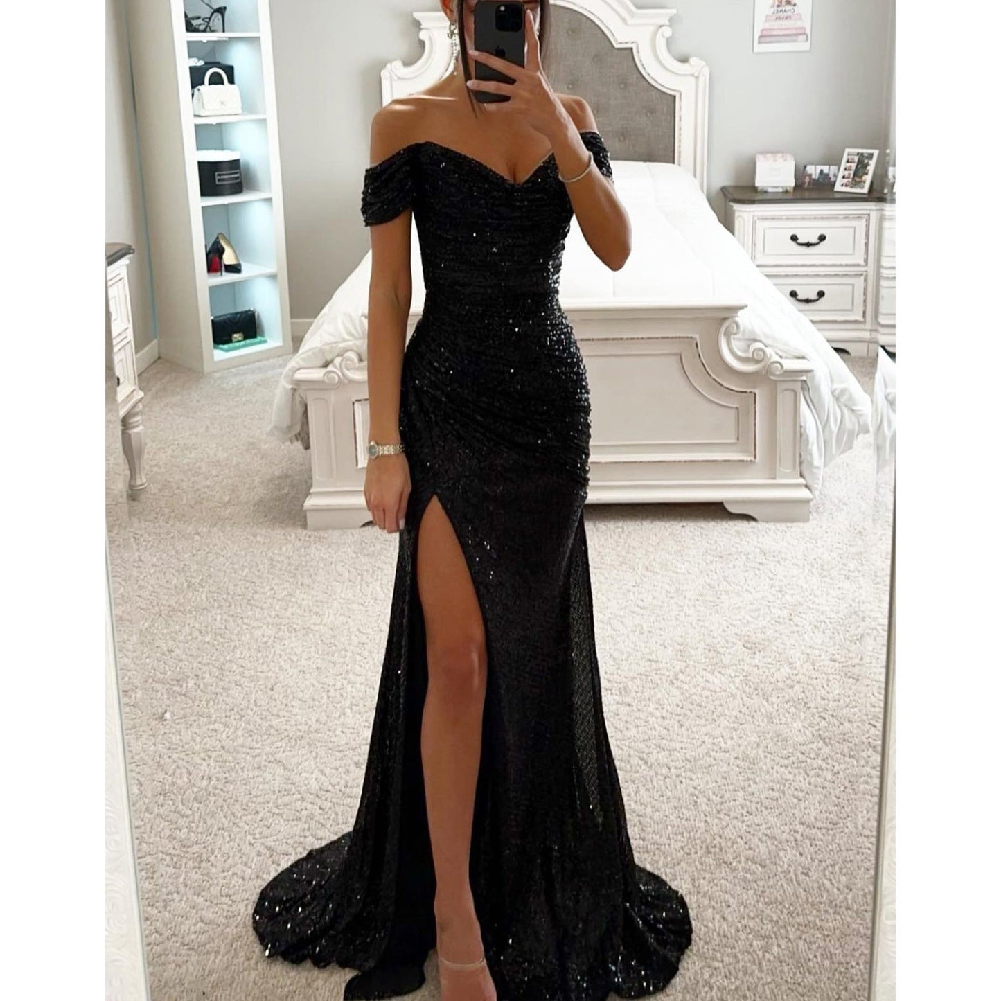 Brielle | Women's Glitter Off-Shoulder Maxi Dress with High Slit