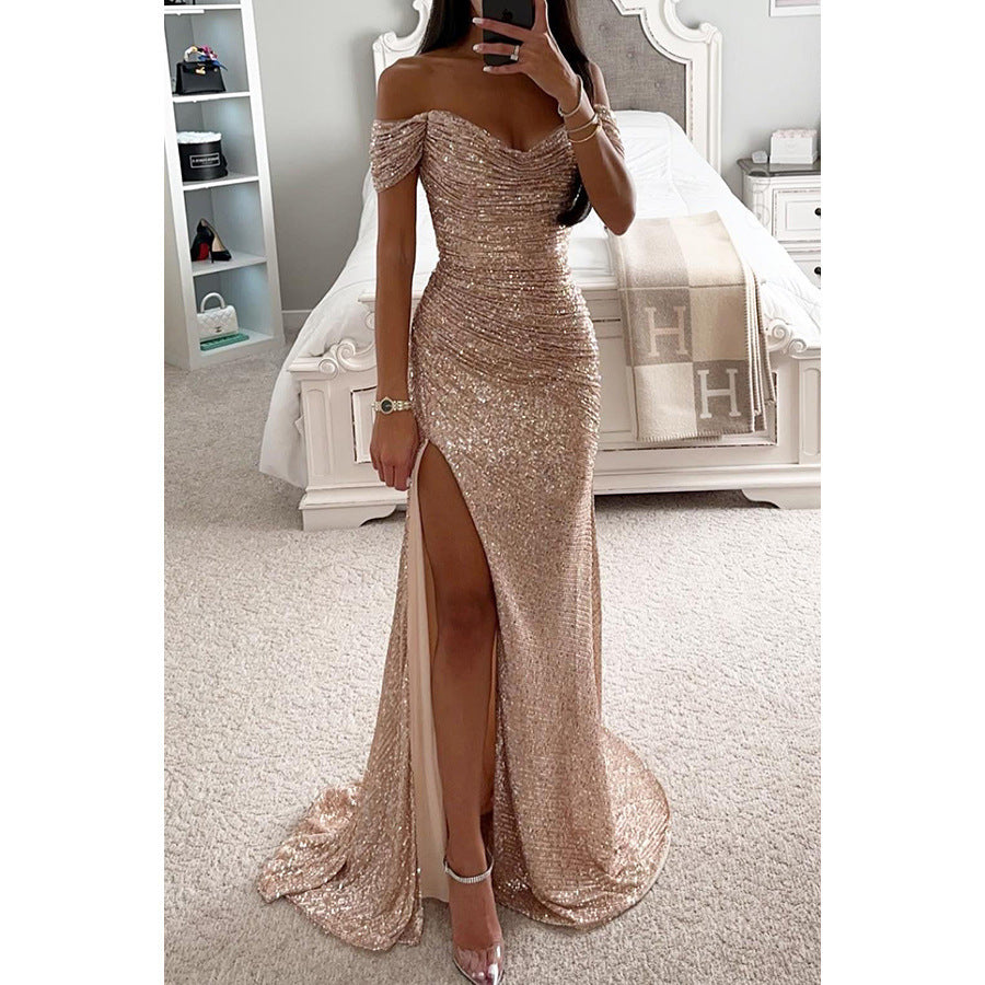 Brielle | Women's Glitter Off-Shoulder Maxi Dress with High Slit
