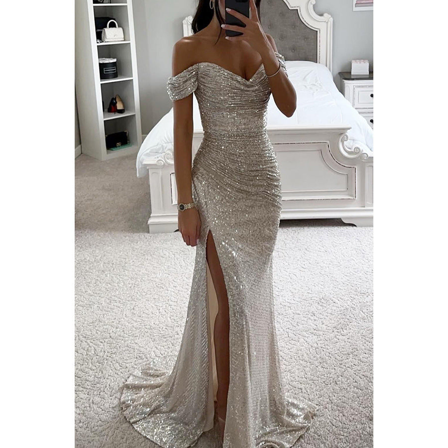 Brielle | Women's Glitter Off-Shoulder Maxi Dress with High Slit
