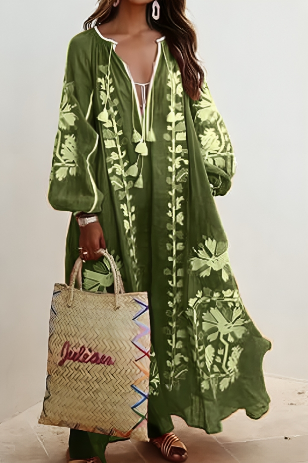 Jaswynn | Boho Floral Maxi Dress – Deep V-Neck Loose Fit with Long Lantern Sleeves for Summer Elegance