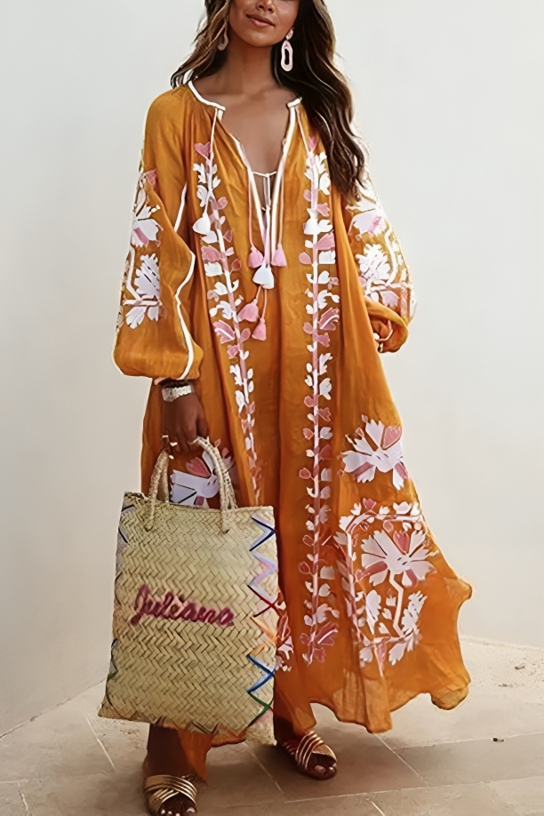 Jaswynn | Boho Floral Maxi Dress – Deep V-Neck Loose Fit with Long Lantern Sleeves for Summer Elegance