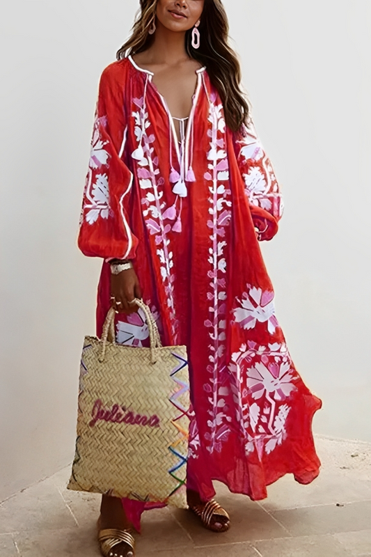Jaswynn | Boho Floral Maxi Dress – Deep V-Neck Loose Fit with Long Lantern Sleeves for Summer Elegance
