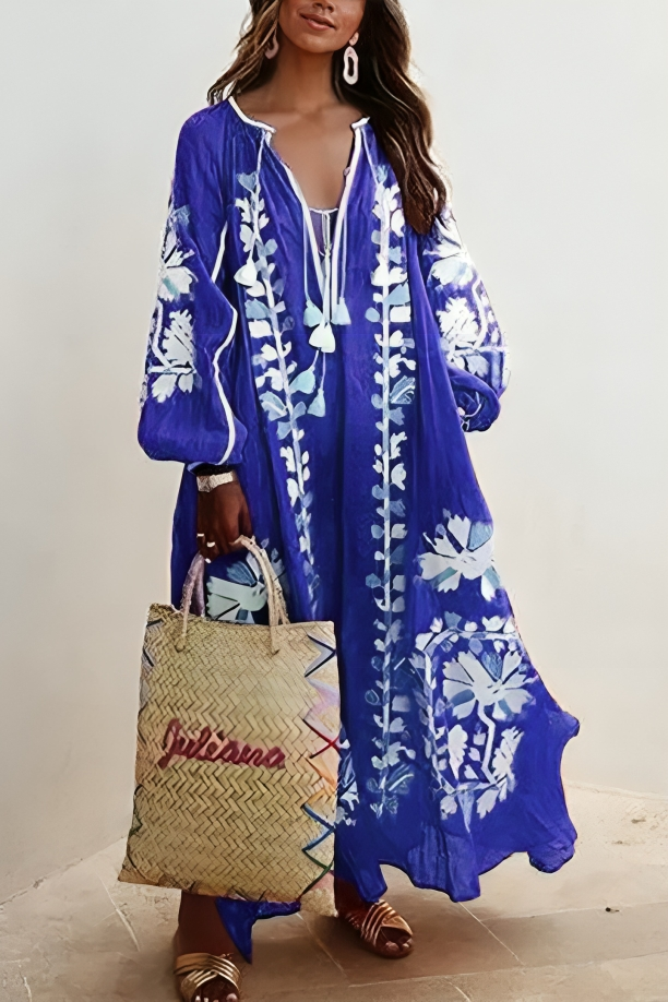 Jaswynn | Boho Floral Maxi Dress – Deep V-Neck Loose Fit with Long Lantern Sleeves for Summer Elegance