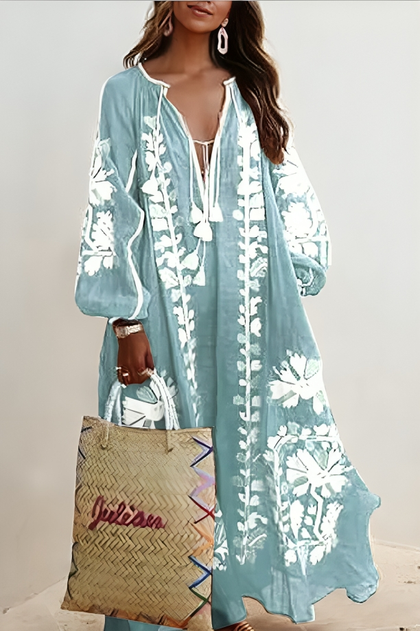Jaswynn | Boho Floral Maxi Dress – Deep V-Neck Loose Fit with Long Lantern Sleeves for Summer Elegance