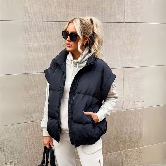 Theresa | Women’s Short Padded Winter Vest with Stand-Up Collar – Full Zip Sleeveless Gilet