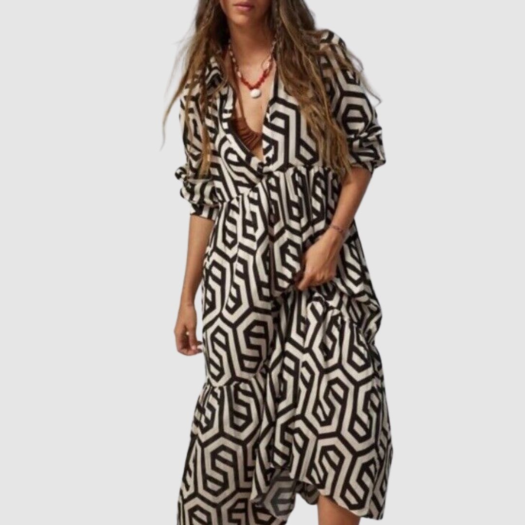 Naomi | Women’s Geometric Pattern Long Sleeve Maxi Dress with Layered Style