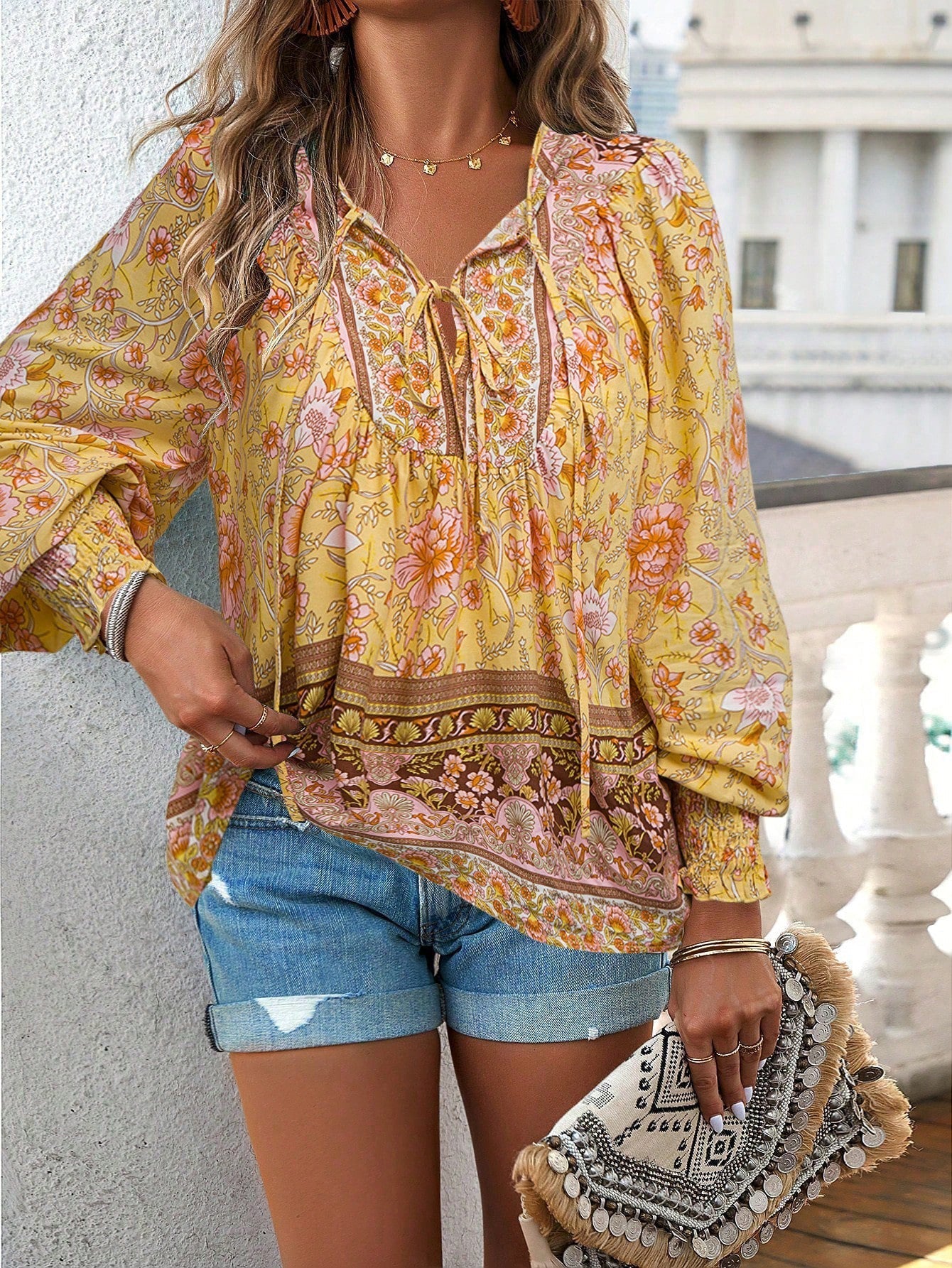 Delilah | Women's Floral Bohemian Blouse with Lantern Sleeves and Loose Fit