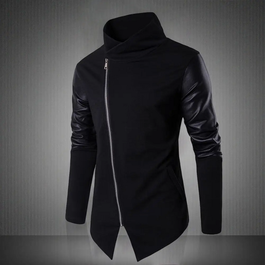 Yileno | Men's Black Turtleneck Jacket with Leather Patchwork & Asymmetrical Zip
