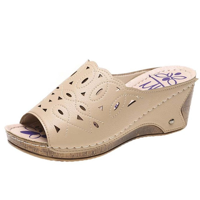 Valindra | Leather Cut-Out Wedge Sandals – Open-Toe Comfort with a Roman Touch