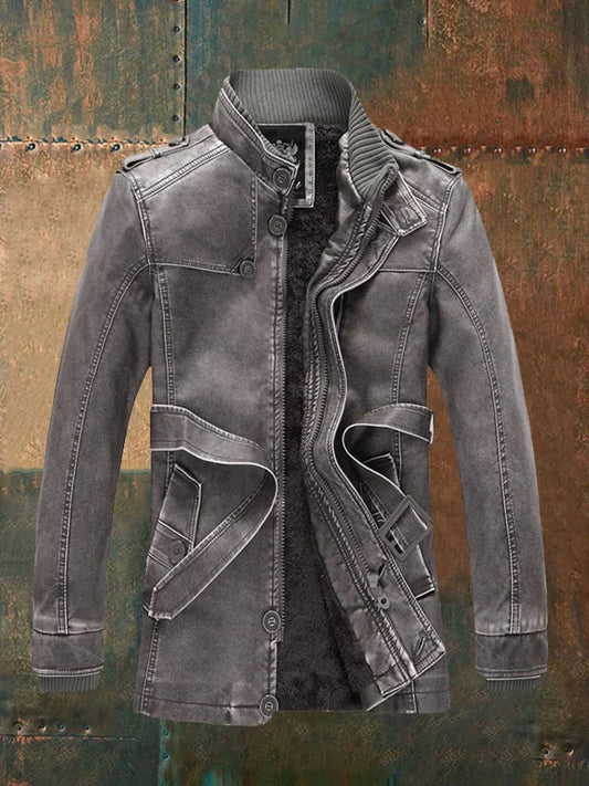 Matthew | Men’s Vintage Leather Look Long Jacket with Warm Fleece Lining & Classic Buttons