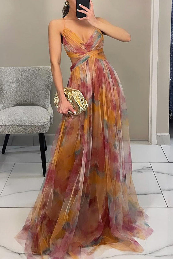 Layla | Women’s Deep V-Neck Back Tie Open Waist Multicolour Gradient Tulle A-Line Formal Maxi Dress