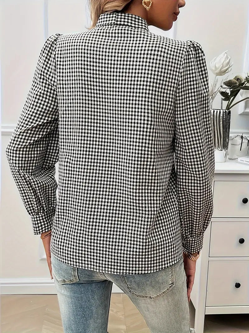 Xelina | Two‑Tone Check Bow‑Tie Blouse – Bishop‑Sleeve Chic