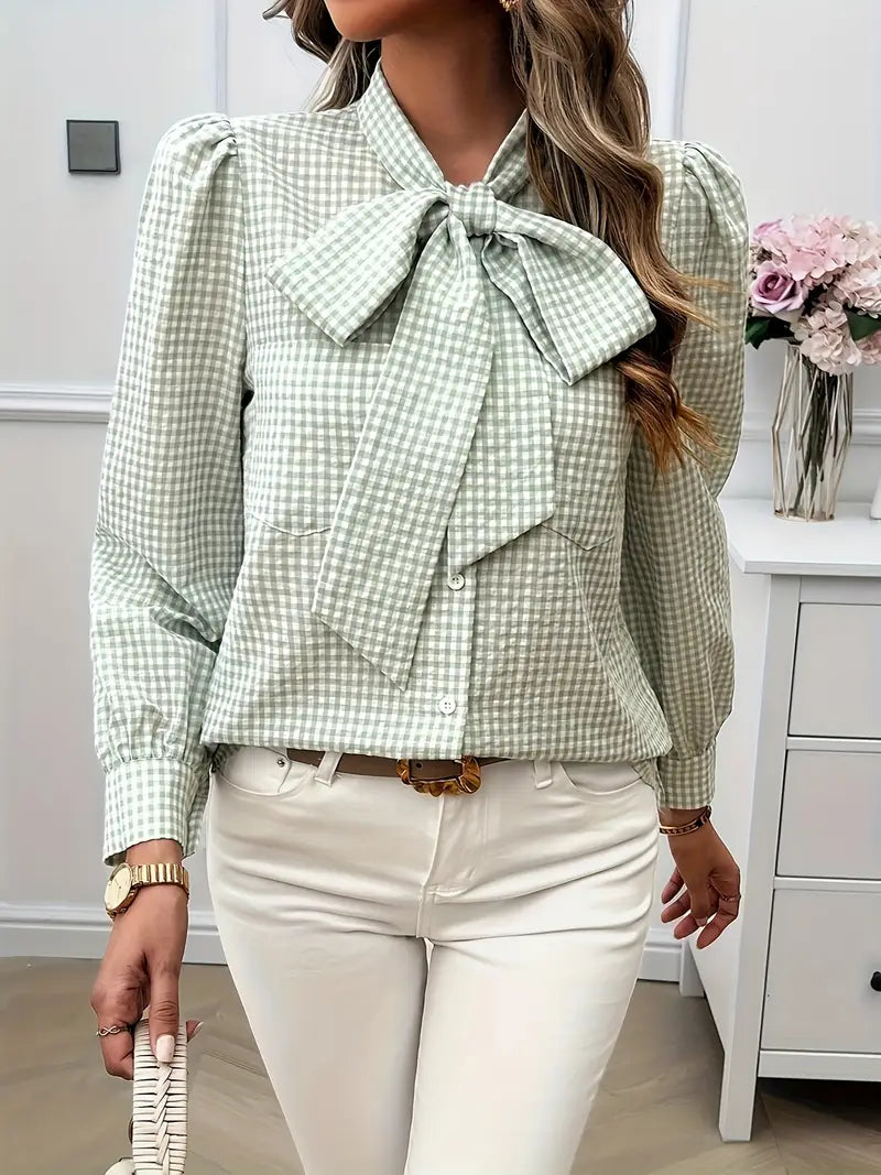 Xelina | Two‑Tone Check Bow‑Tie Blouse – Bishop‑Sleeve Chic