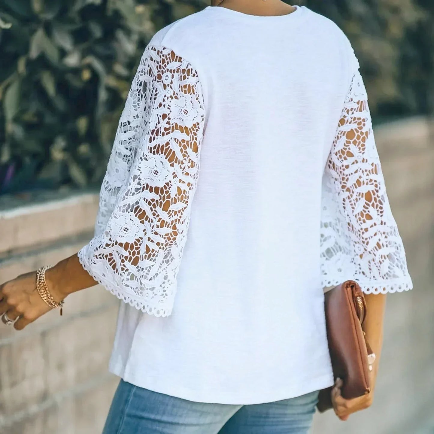Anora | White Round Neck Loose Fit Blouse with Elegant Lace Flared Sleeves