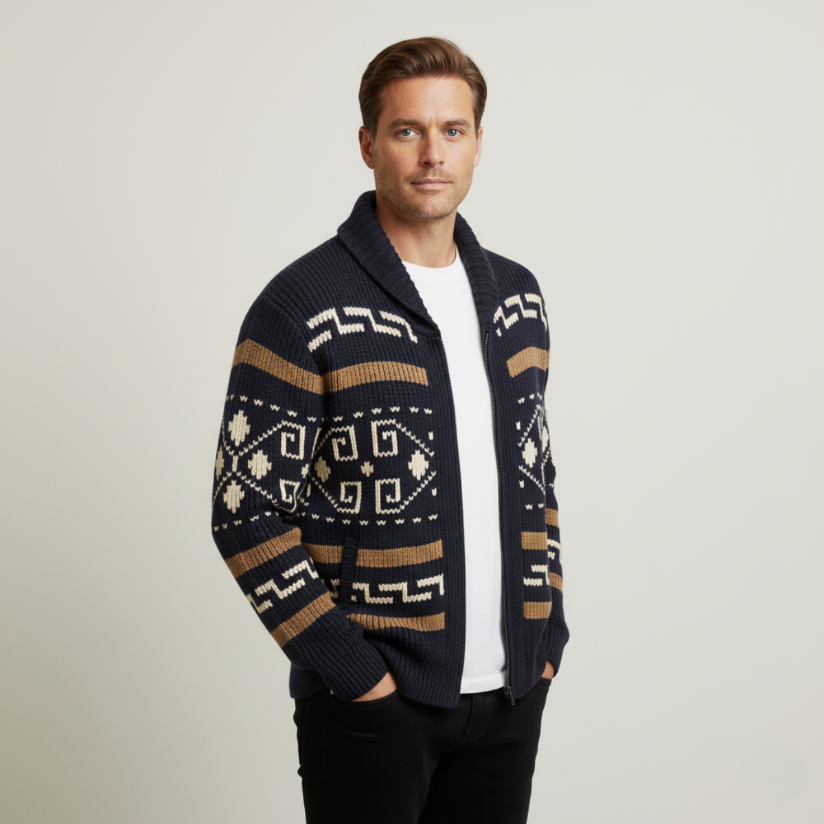 The Corvara Men’s Winter Shawl Collar Cardigan with Aztec Pattern