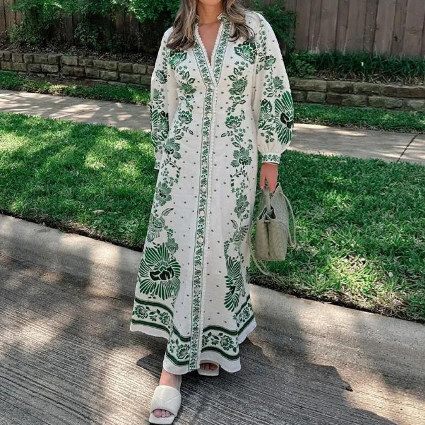 Zelira | Elegant Floral Print Maxi Dress with Deep V-Neck