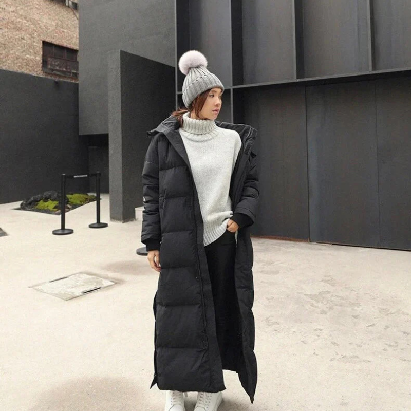 Queenie | Women’s Long Padded Winter Coat with Hood, Zip & Side Slits