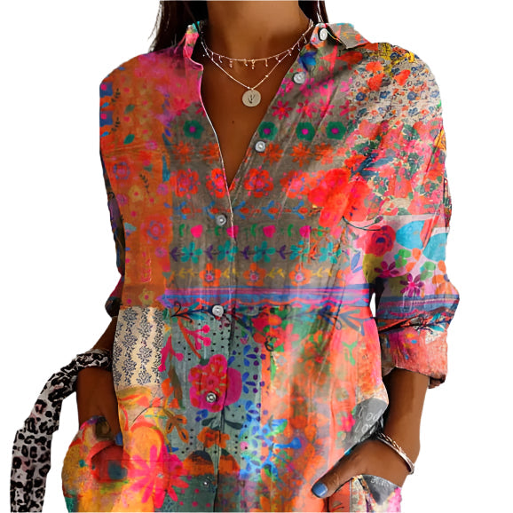 Kate | Women’s Multicolour Floral Print Buttoned Long Sleeve Summer Boho Blouse