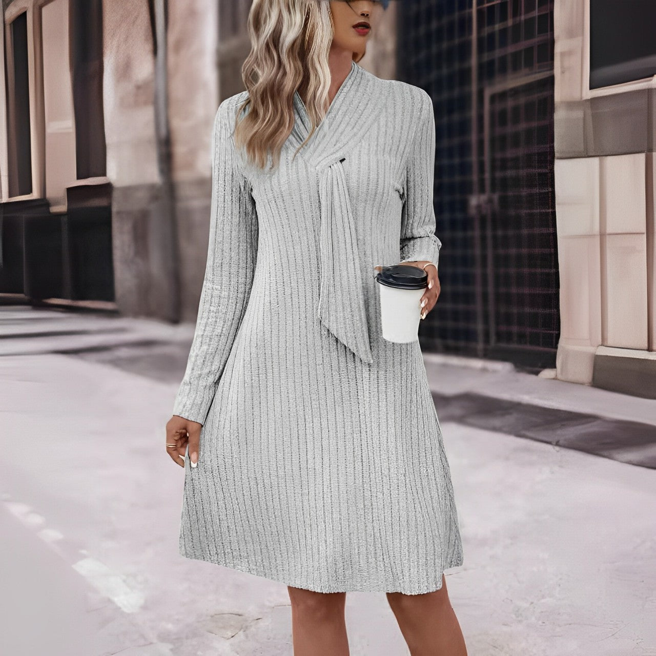 Cassia | Slim Fit Ribbed Knitted Dress with Cross Snap Neck Tie & Long Sleeves