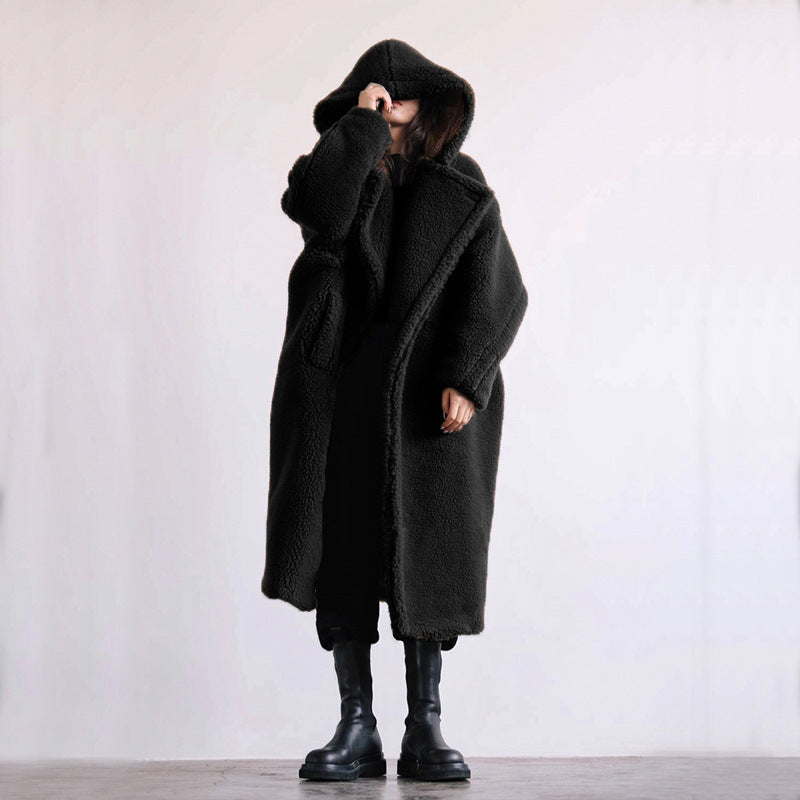 Nica | Women's Hooded Lapel Collar Double-Breasted Long Teddy Coat – Soft & Warm Winter Essential