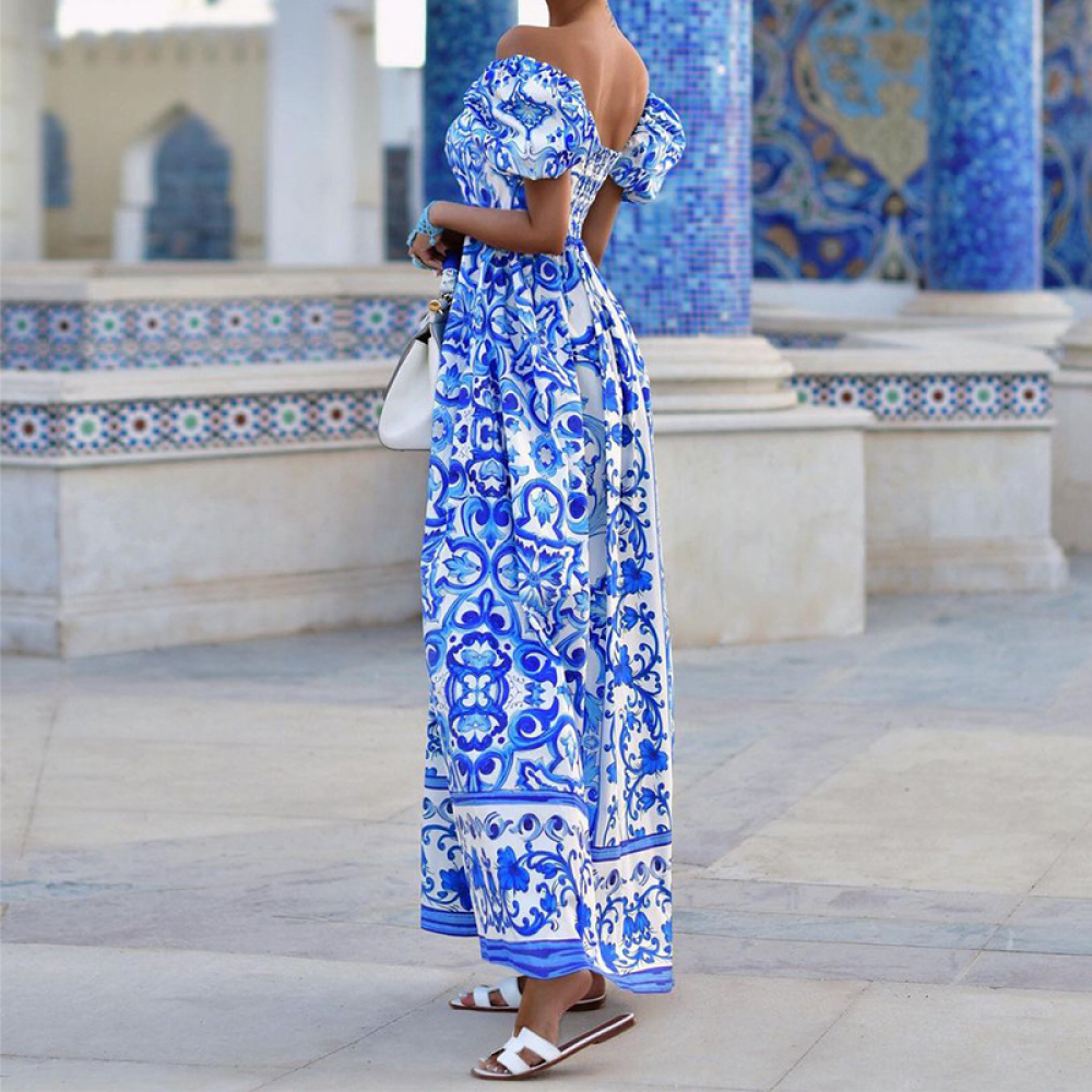 Elonda | Boho Off-Shoulder Puff Sleeve Dress with Patterned Design