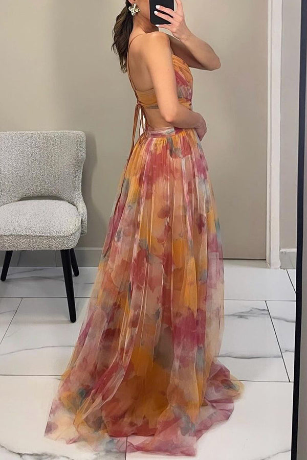 Layla | Women’s Deep V-Neck Back Tie Open Waist Multicolour Gradient Tulle A-Line Formal Maxi Dress