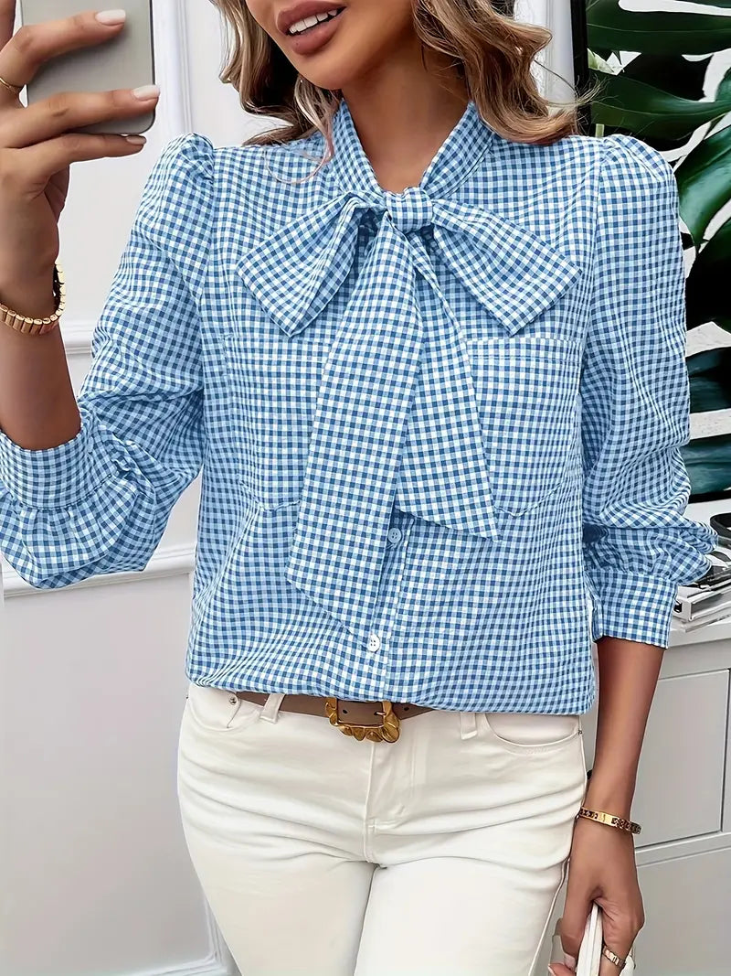 Xelina | Two‑Tone Check Bow‑Tie Blouse – Bishop‑Sleeve Chic