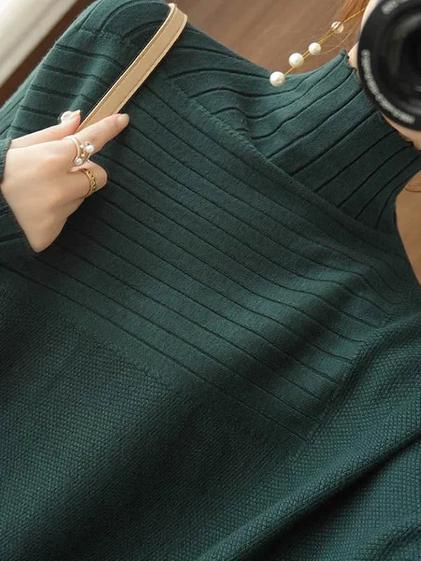 Adeline | Women's Green Turtleneck Sweater with Asymmetrical Cut & Striped Texture