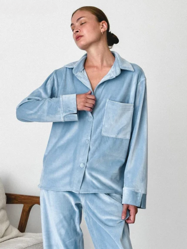 June | Women’s Blue 2-Piece Pyjama Set with Button-Up Shirt & Trousers