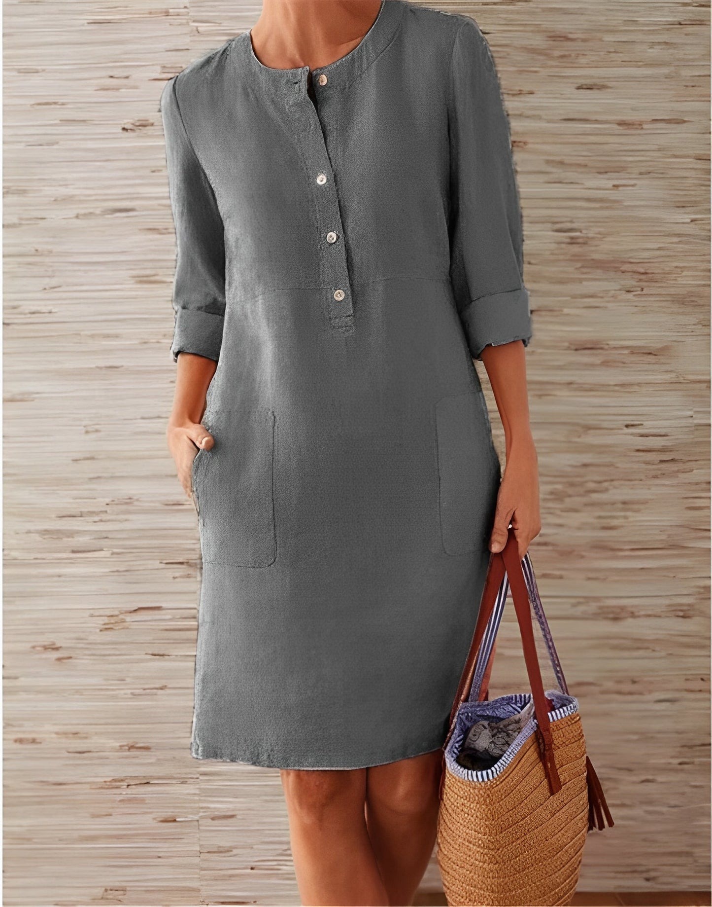 Morwena | Women’s Linen Long Sleeve Casual Dress with Pockets & Button Detail