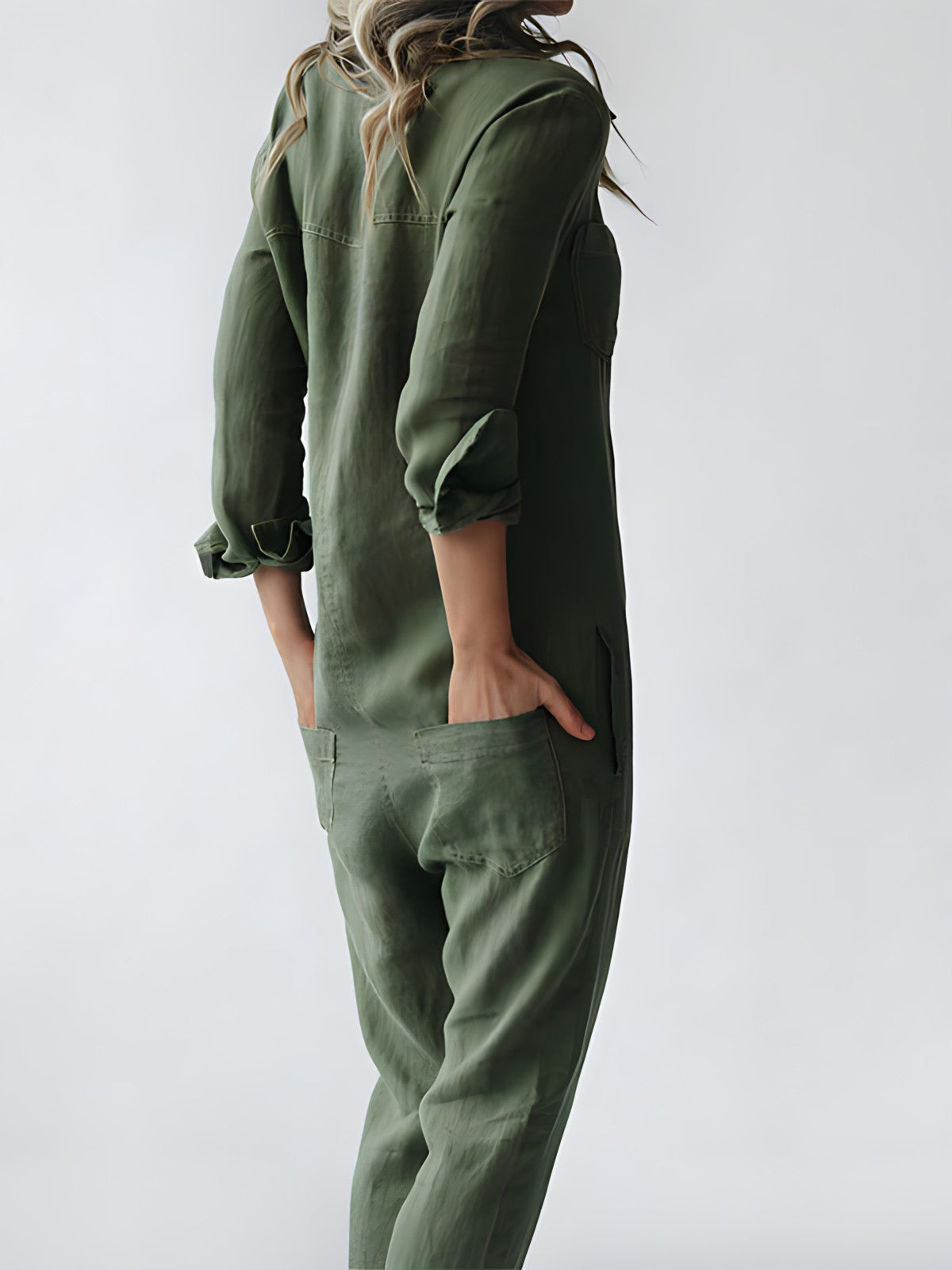 Vivia | Women's Loose Fit Long Sleeve Buttoned Jumpsuit with Chest & Back Pockets