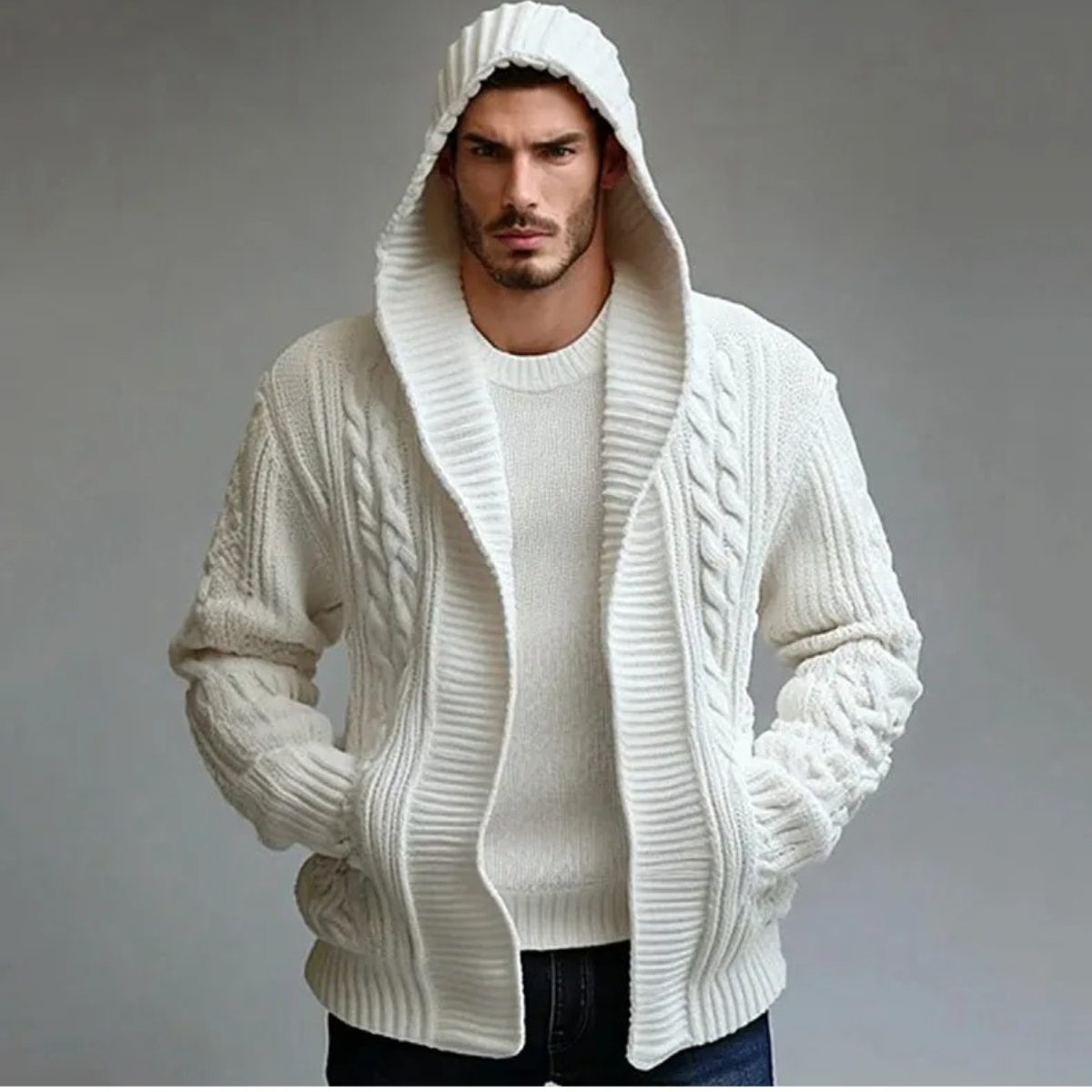 The Trieste Men's White Hooded Cable Knit Winter Cardigan