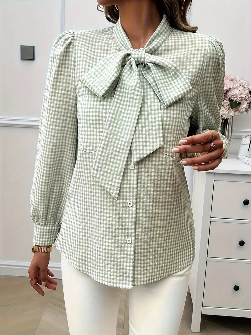 Xelina | Two‑Tone Check Bow‑Tie Blouse – Bishop‑Sleeve Chic