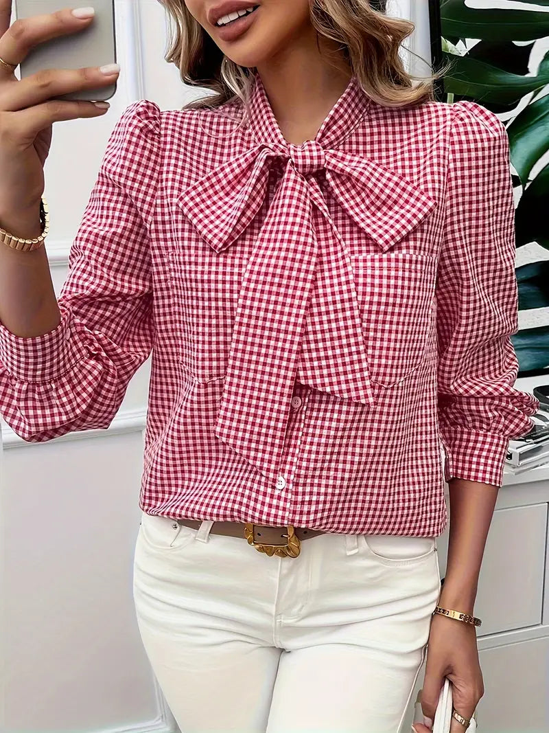 Xelina | Two‑Tone Check Bow‑Tie Blouse – Bishop‑Sleeve Chic