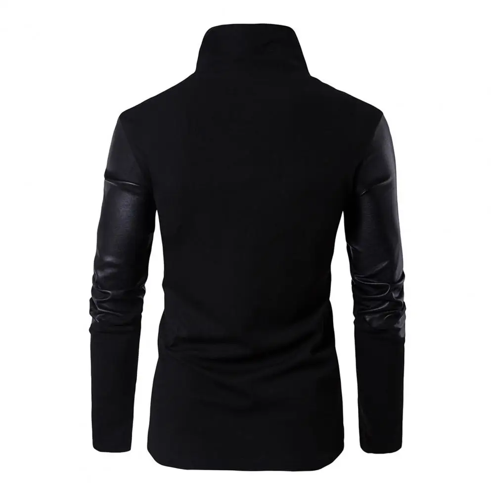 Yileno | Men's Black Turtleneck Jacket with Leather Patchwork & Asymmetrical Zip