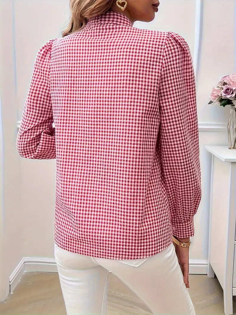 Xelina | Two‑Tone Check Bow‑Tie Blouse – Bishop‑Sleeve Chic
