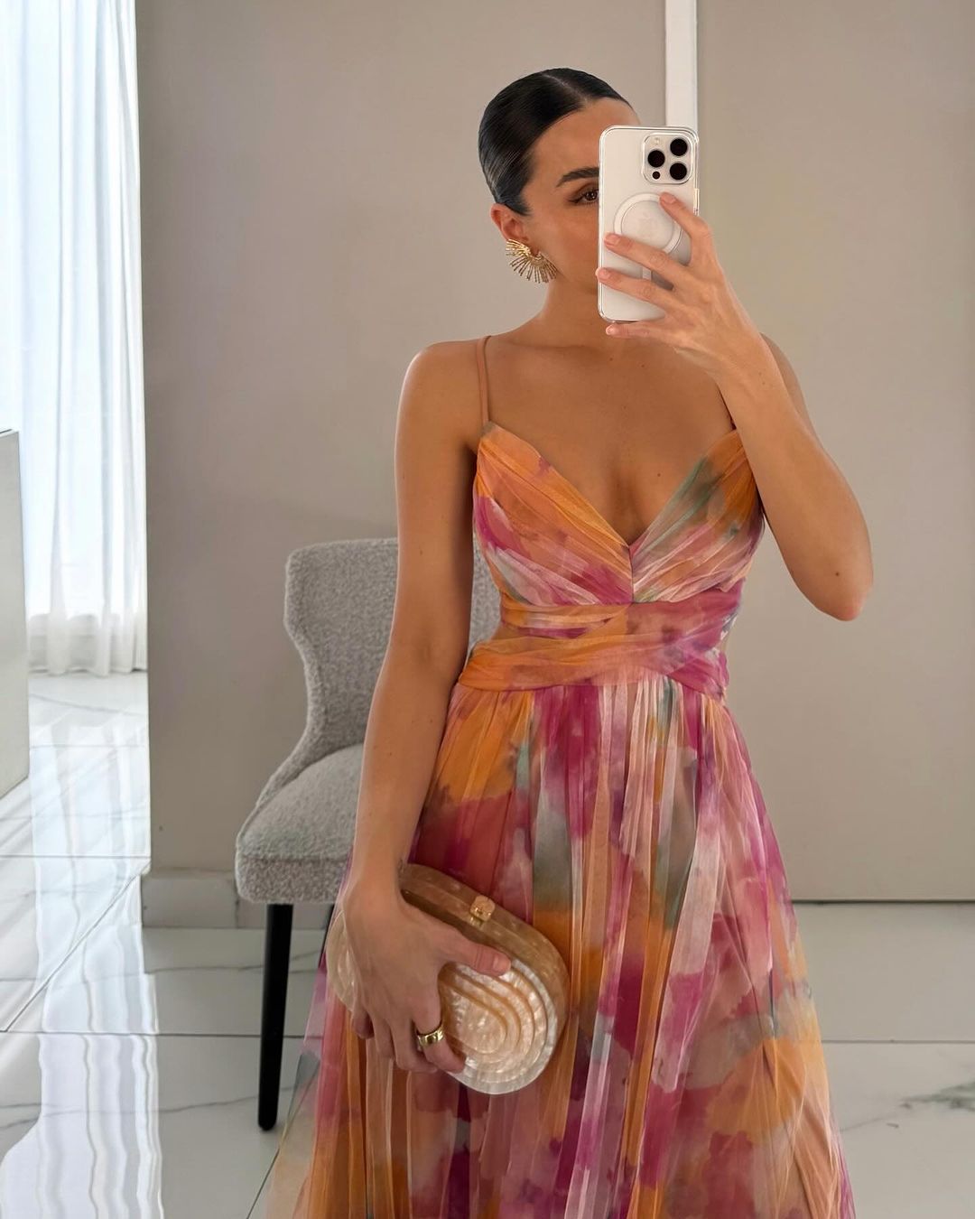 Layla | Women’s Deep V-Neck Back Tie Open Waist Multicolour Gradient Tulle A-Line Formal Maxi Dress