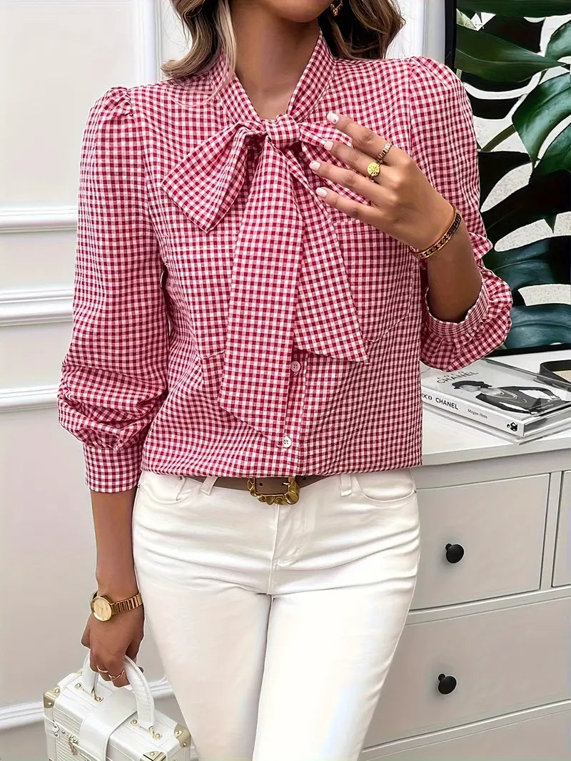 Xelina | Two‑Tone Check Bow‑Tie Blouse – Bishop‑Sleeve Chic