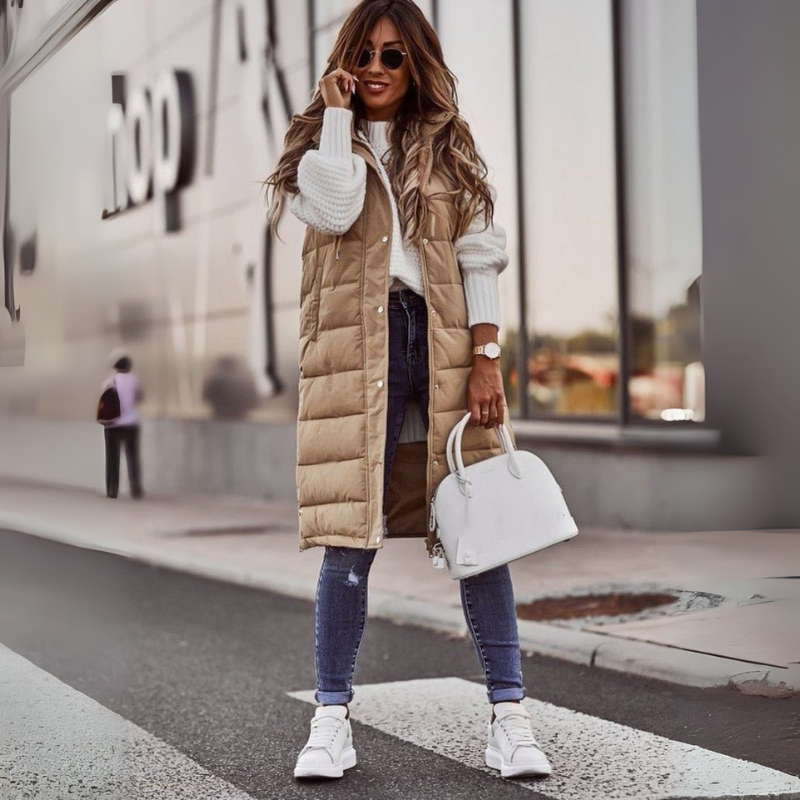 Tilda | Women’s Long Quilted Hooded Winter Vest – Warm Padded Sleeveless Gilet