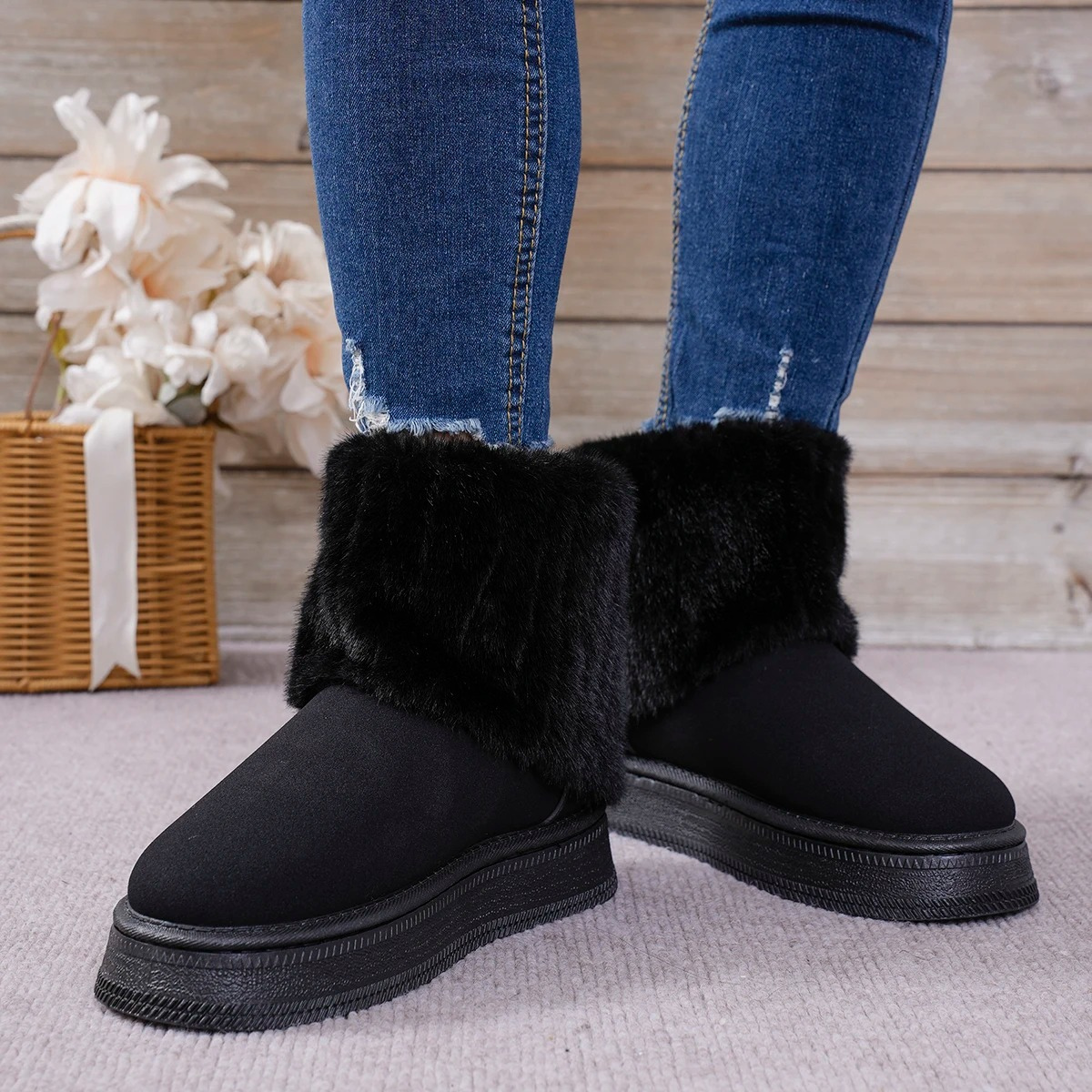 Christella | Women's Winter Ankle Boots with Fleece Lining, Robust Sole & Faux Fur Detailing