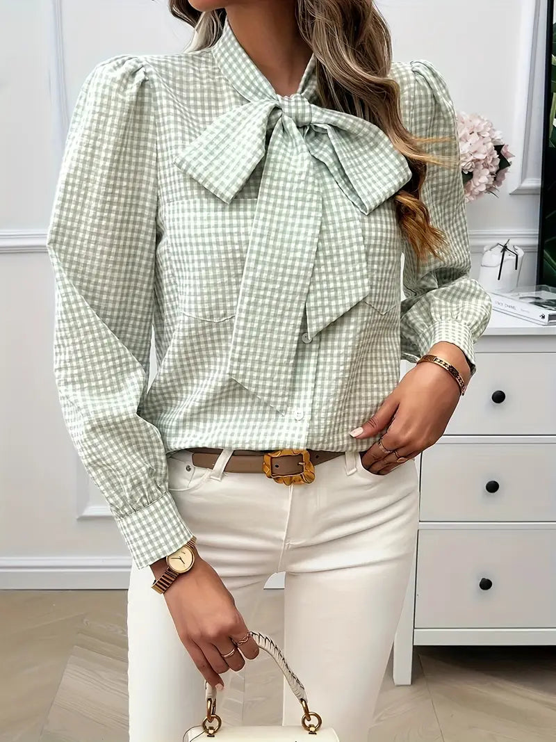 Xelina | Two‑Tone Check Bow‑Tie Blouse – Bishop‑Sleeve Chic