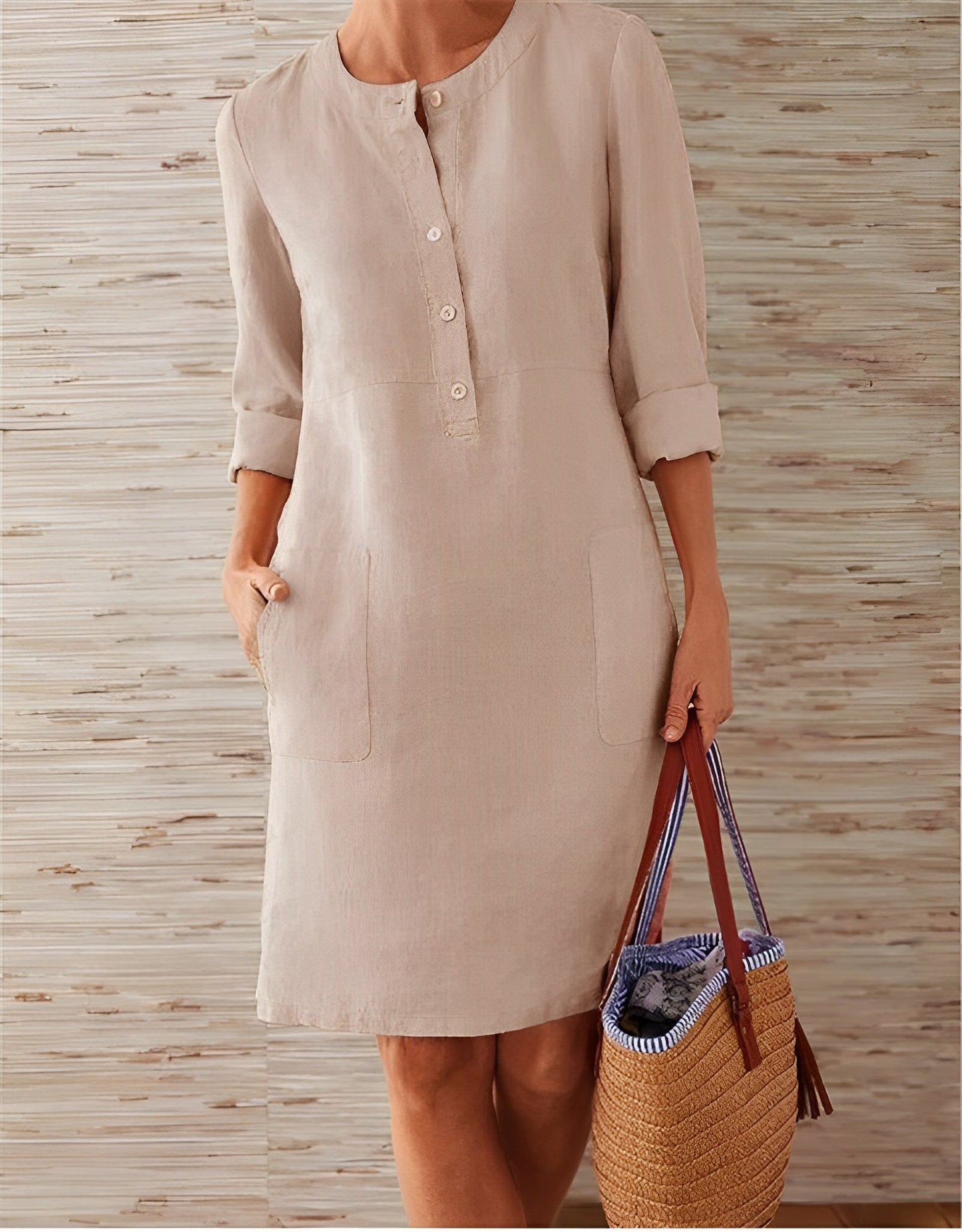 Morwena | Women’s Linen Long Sleeve Casual Dress with Pockets & Button Detail