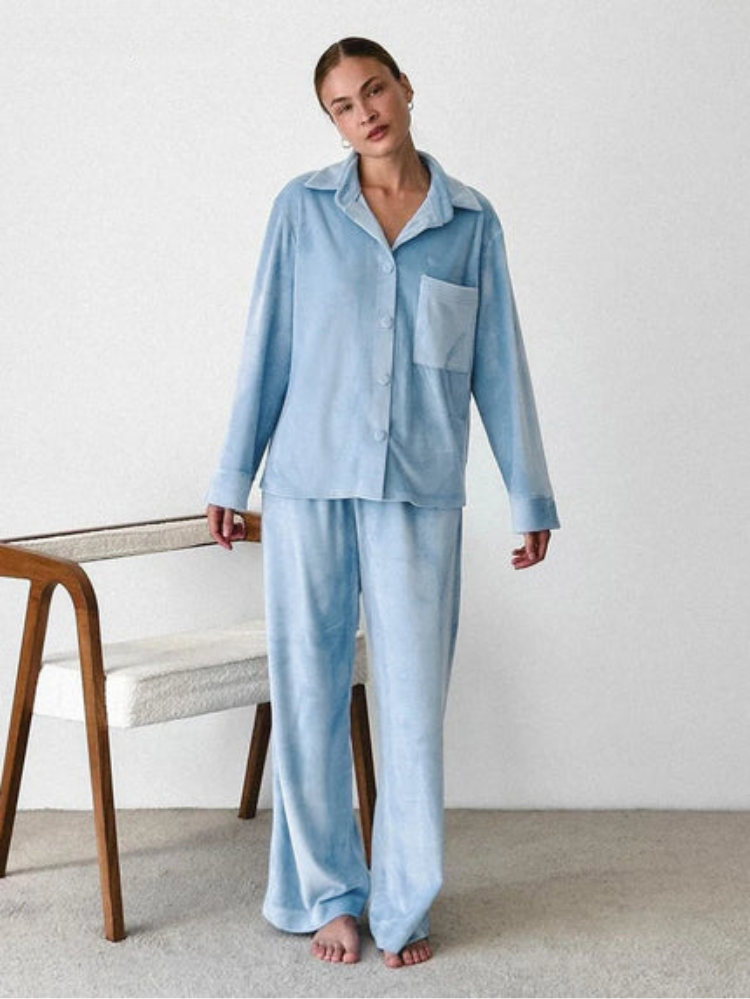 June | Women’s Blue 2-Piece Pyjama Set with Button-Up Shirt & Trousers